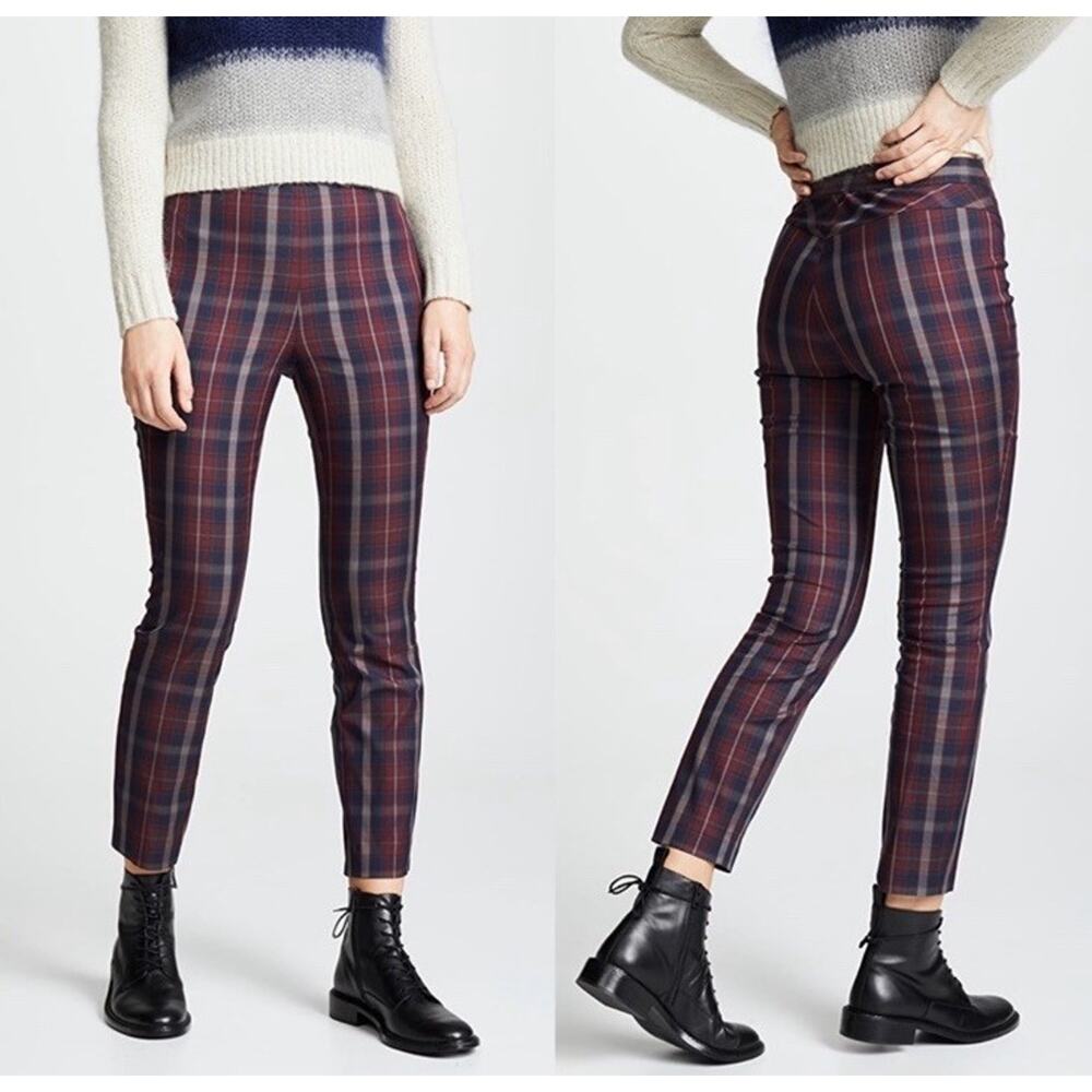 Rag & Bone Simone Pant Trousers Burgundy Plaid Check Cropped Side Zip Size 6 NEW